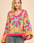 Davi & Dani Floral Contrast V-Neck Dropped Shoulder Sweater