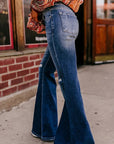 Sky Blue Button Fly Ripped High Waist Flare Jeans