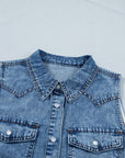 Denim Button Front Collared Sleeveless Vest