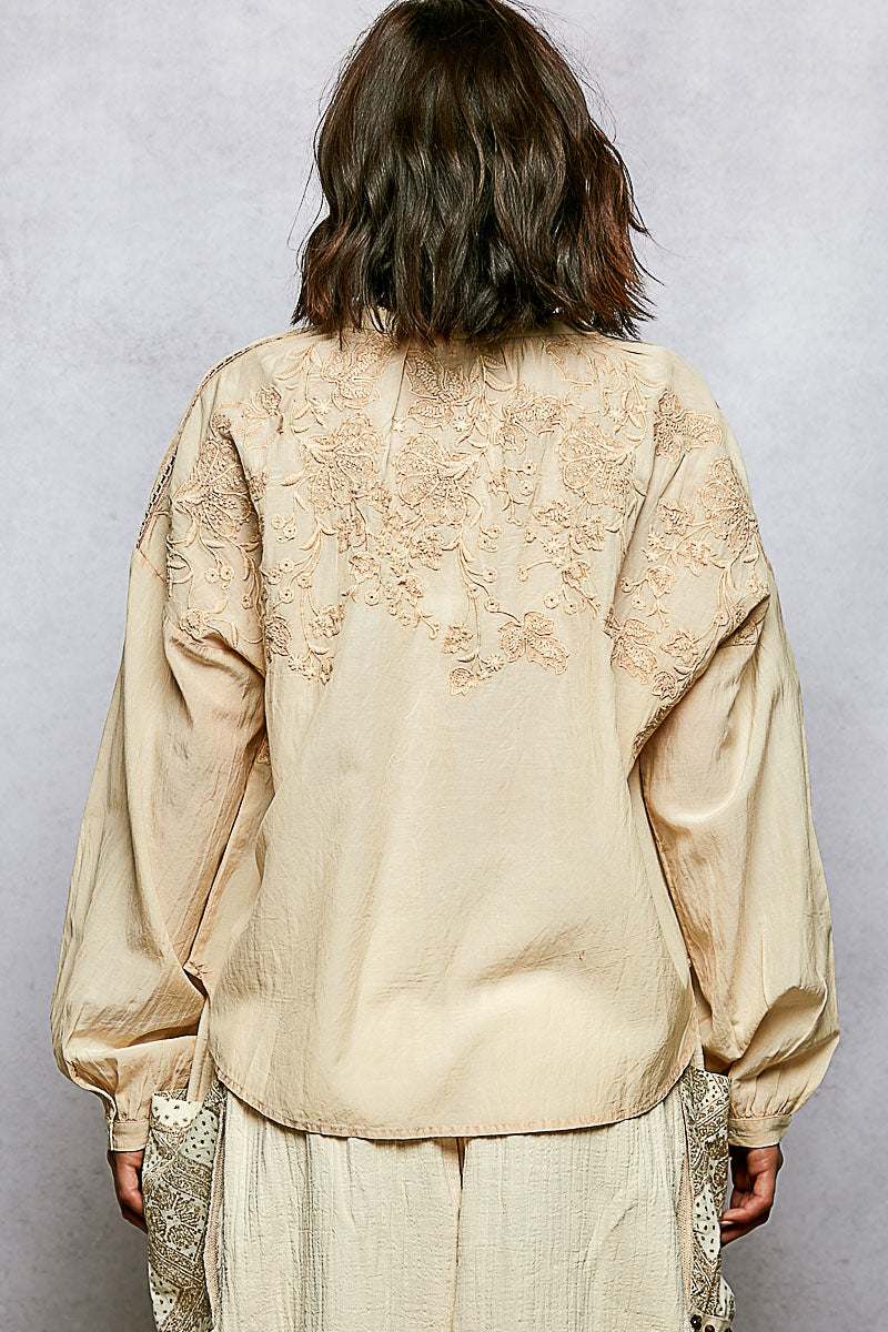 POL Embroidery Button Down Long Sleeve Washed Shirt