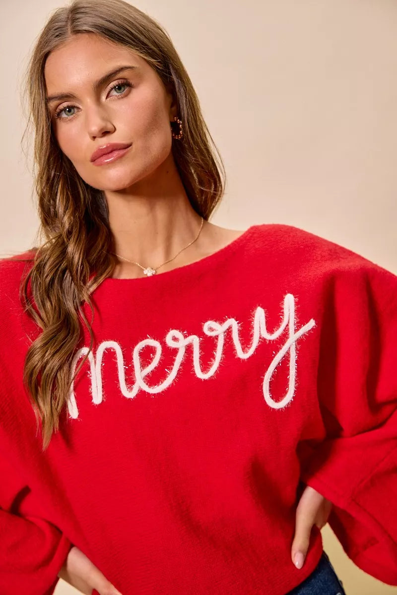 SO ME Merry Tinsel Lettering Christmas Sweater Top