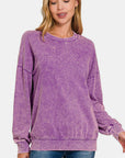 Zenana Washed Round Neck Dropped Shoulder Sweatshirt