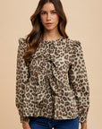 Annie Wear Tied Leopard Round Neck Peplum Blouse