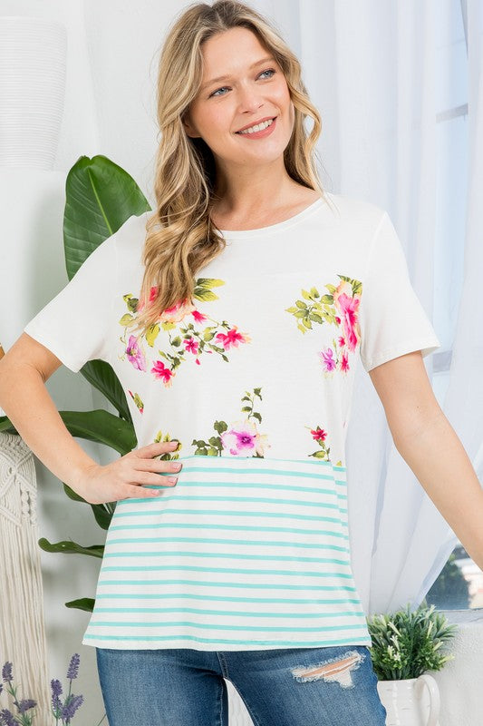 e Luna Floral Striped Mixed Top