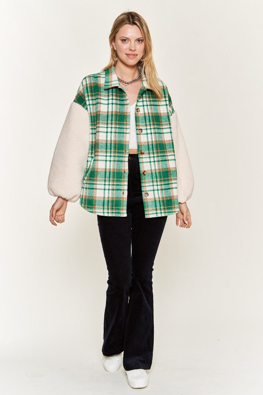 Jade By Jane Multi Plaid Fuzzy Sleeve Jacket