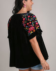 Umgee Full Size Velvet Embroidery Short Sleeve Blouse