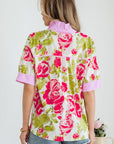 Floral Stripe Trim Frilled Collar Short Sleeve Shirt