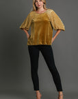 Umgee Round Neck Leopard Balloon Sleeve Velvet Top