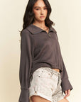 Davi & Dani Drawstring Hem Half Zip Raglan Sleeve Sweatshirt