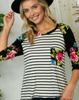 e Luna Striped Floral Print Pocket Top