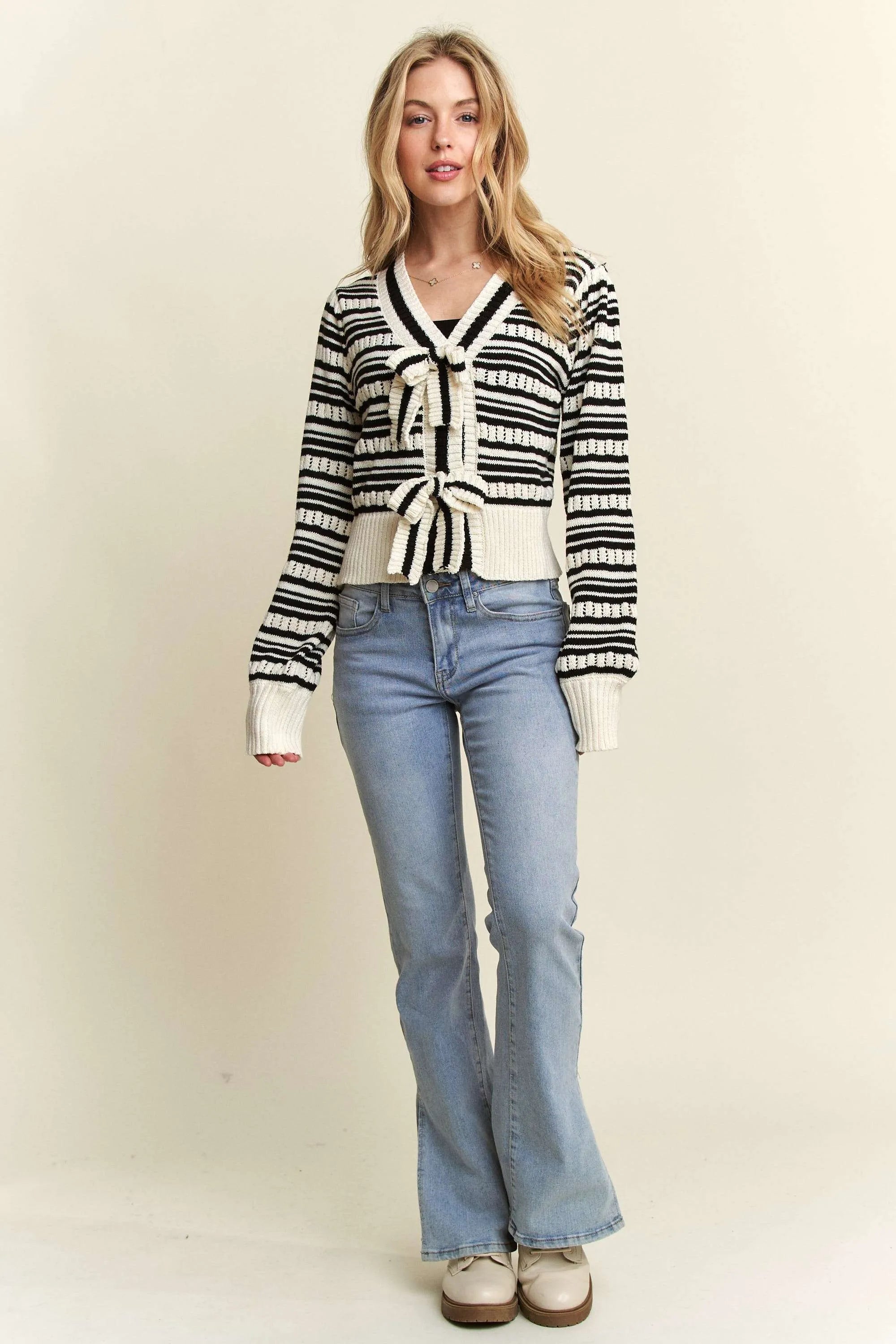 ADORA Bow Tie Stripe Sweater Top in White & Black