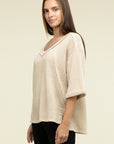 Zenana Brushed Waffle Exposed-Seam 3/4 Sleeve Top