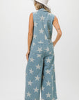 BiBi Star Print Half Zip Sleeveless Denim Jumpsuit