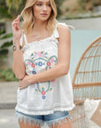 Davi & Dani Embroidered Sleeveless Ruffle Tank Top