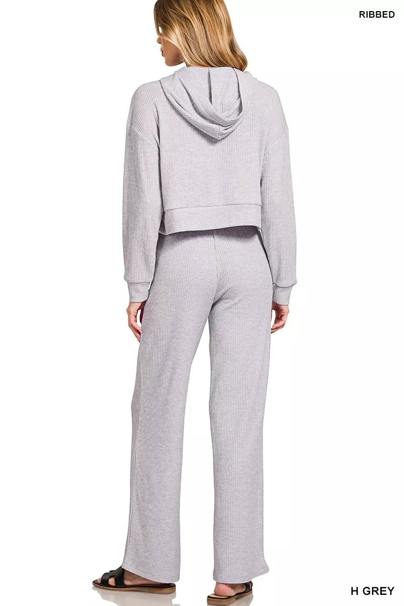 Zenana Drop Shoulder Ribbed Crop Hoodie in Grey
