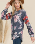 Celeste Full Size Floral Curved Hem T-Shirt with Stripe Detail