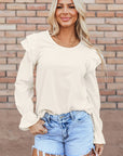 Beige Ruffled Flounce Sleeve Corduroy Blouse