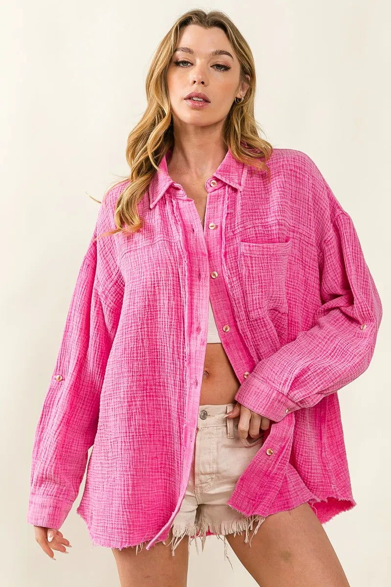 BiBi Raw Edge Detailed Mineral Washed Loose Fit Shirt in Fuchsia