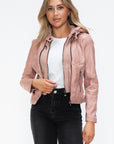 Snobbish Faux Leather Zip Up Drawstring Hooded Jacket