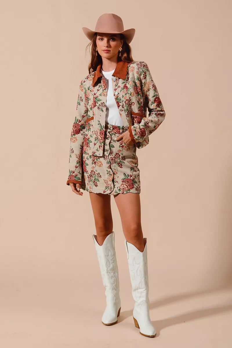 SO ME Floral Jacquard Button Front Mini Skirt with Scall