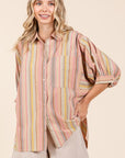 Mittoshop Striped Bubble Sleeve Button Down Shirt