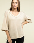 Zenana Brushed Waffle Exposed-Seam 3/4 Sleeve Top