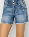 RISEN High Rise Seam Detailed Raw Edge Denim Shorts