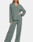 Zenana Button Down Long Sleeve Top and Pants Lounge Set