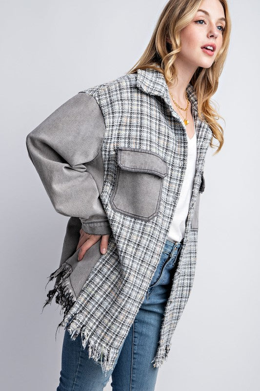 Tweed Mixed Denim Shacket with Fringed Hem