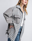 Tweed Mixed Denim Shacket with Fringed Hem