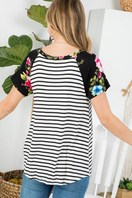 e Luna PLUS Floral Striped Mixed Top