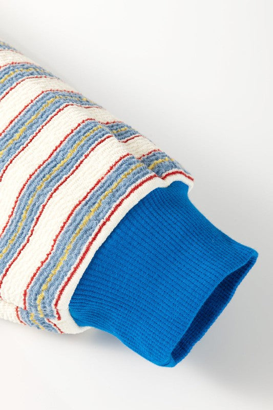 Stripe Buttoned Collared V-Neck Drop Shoulder Top