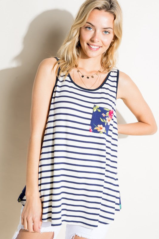 e Luna Striped Floral Mix Tank