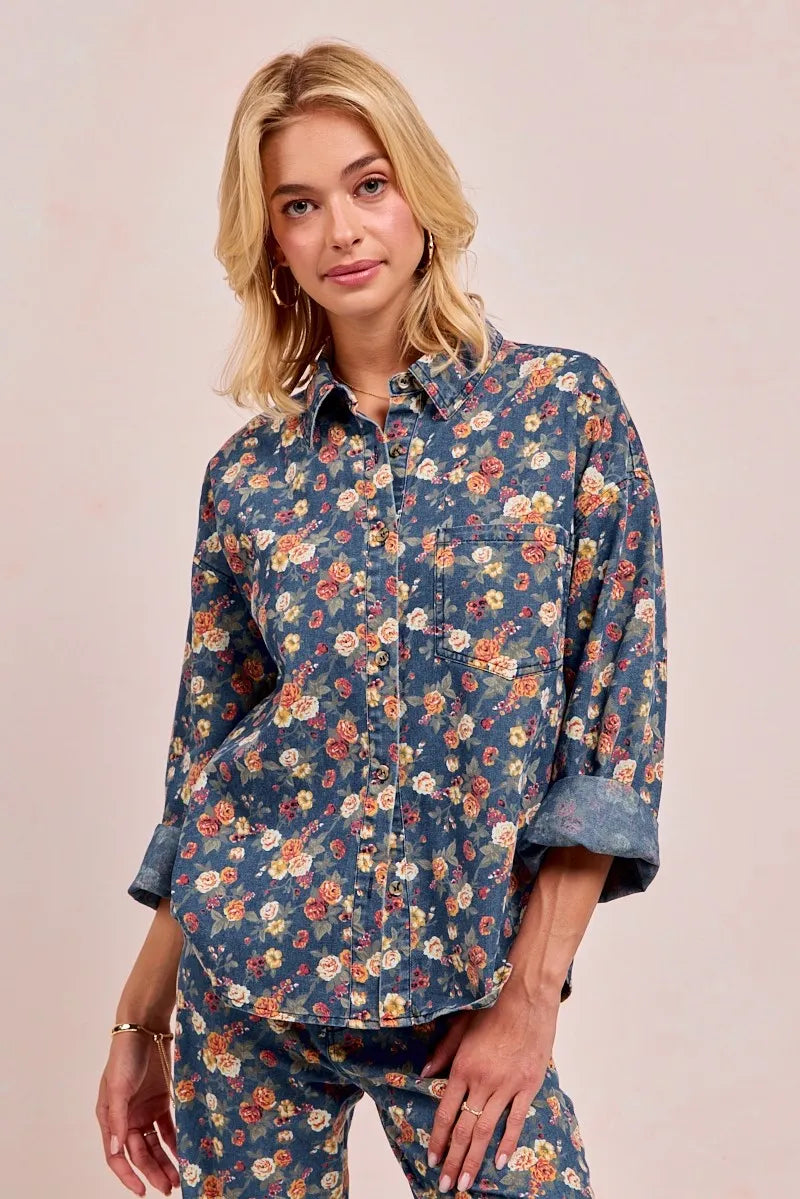 BiBi Washed Florla Print Denim Jacket