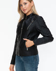 Snobbish Faux Leather Zip Up Mock Neck Jacket