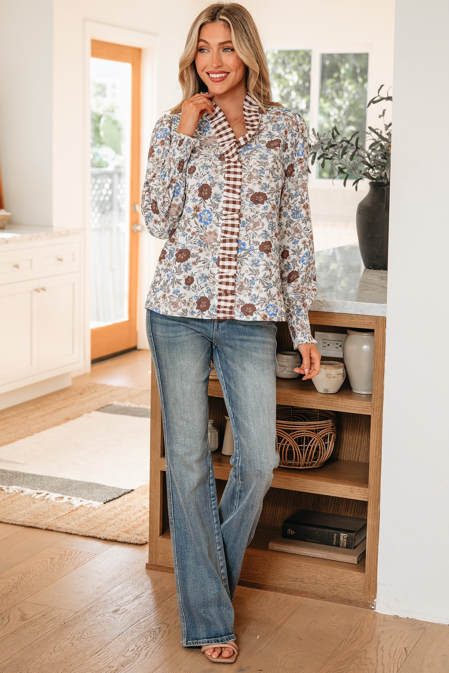Floral Gingham Plaid Frilled Trim Long Sleeve Blouse