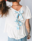 Floral Bow Tie Back Bubble Sleeve Peplum Top