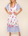 Haptics Printed Notched Short Sleeve Tiered Dress