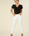 Lilou Shirred V-Neck Top with Puff Sleeves