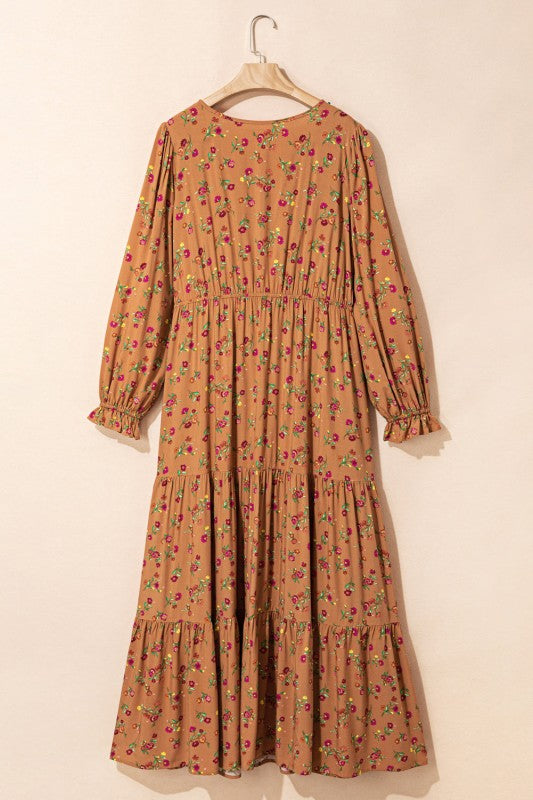 Plus Size Floral V-Neck Ruffle Sleeve Tiered Dress