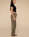 ZENANA Washed Linen Elastic Band Waist Cargo Pants