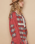 POL Round Neck Long Sleeve Plaid Shirt