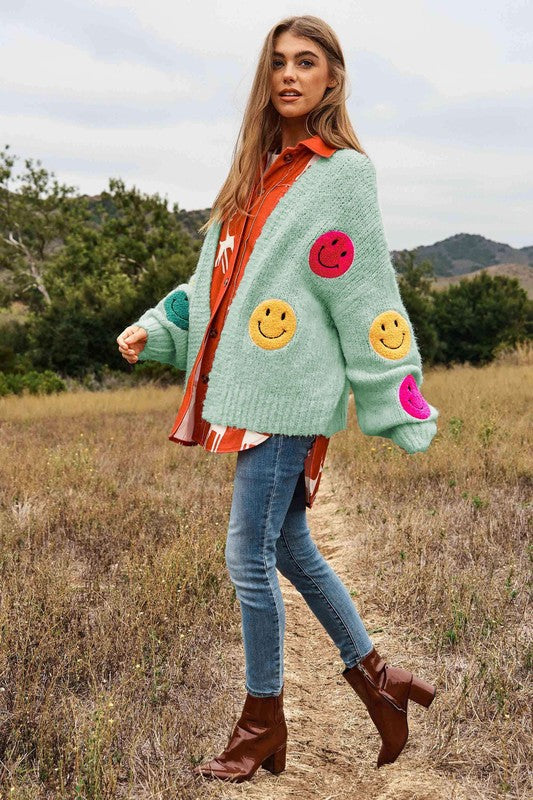 Davi &amp; Dani The Fuzzy Smile Long Bell Sleeve Knit Cardigan