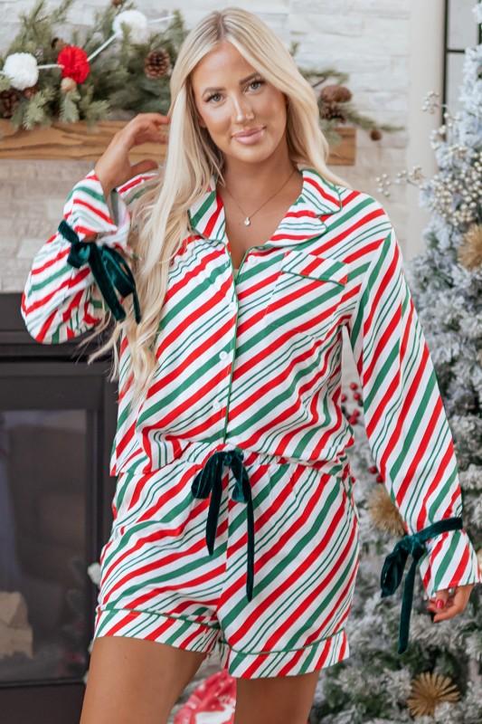 Christmas Stripe Velvet Bow Cuffs Pajama Set
