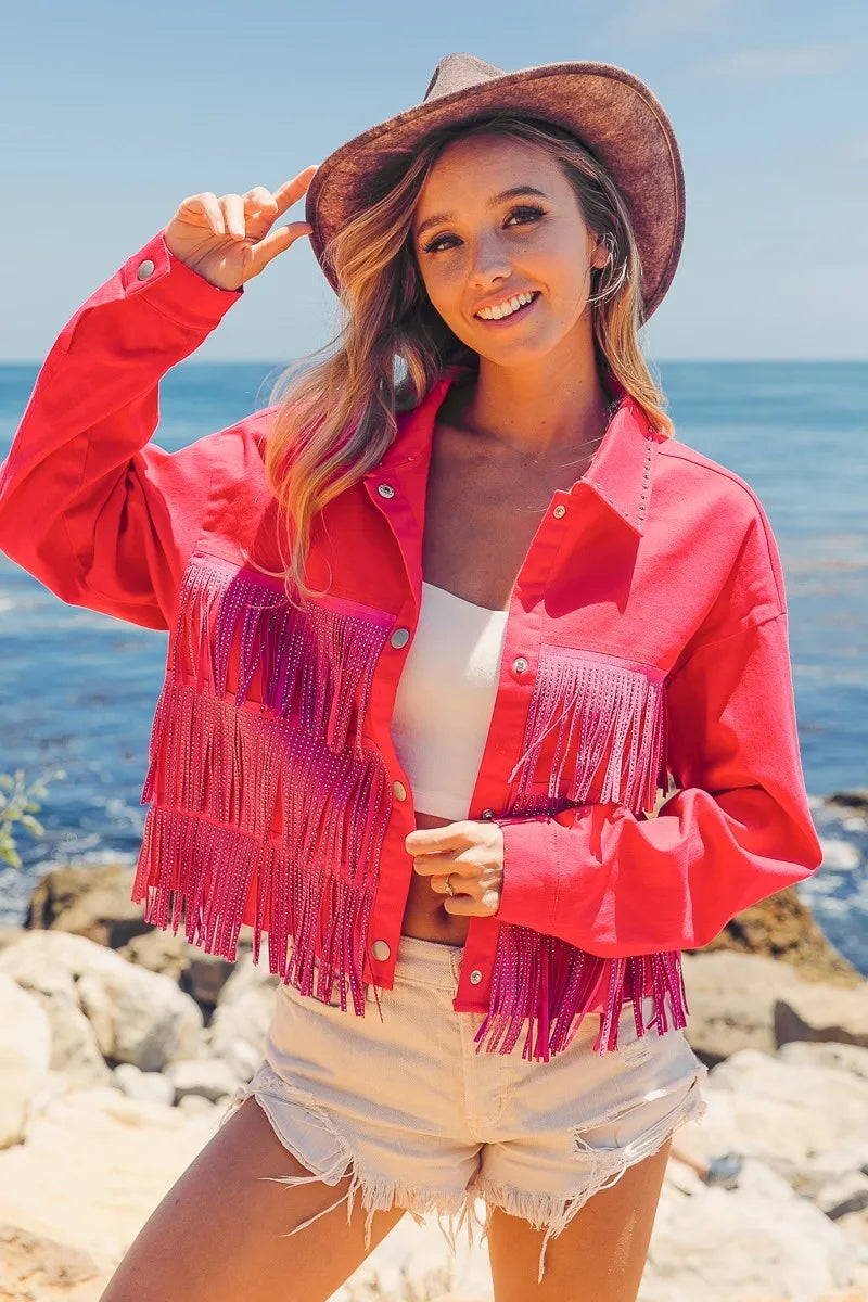 BiBi Rhinestone Fringe with Studded Collar Jacket