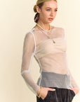 Davi & Dani Sparkling Rhinestone Sheer Mesh Round Neck Top