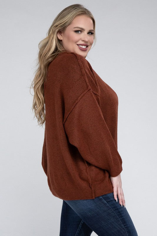 Zenana Plus Oversized Round Neck Raw Seam Melange Sweater