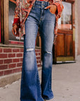 Sky Blue Button Fly Ripped High Waist Flare Jeans