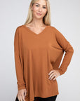 Zenana Dolman Long Sleeve V-Neck Side Slit Hi-Low Hem Top