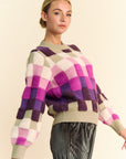 Davi & Dani Checkered Round Neck Long Sleeve Sweater